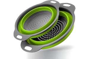 ILOVYO Silicone Pasta Colander - Collapsible Colander with Handle Set, Set of 2, Space-Saving Kitchen Strainers, 1.5 Quart, 2 Quart, BPA Free ＆ Dishwasher Safe, for Pasta, Vegetables, Fruits