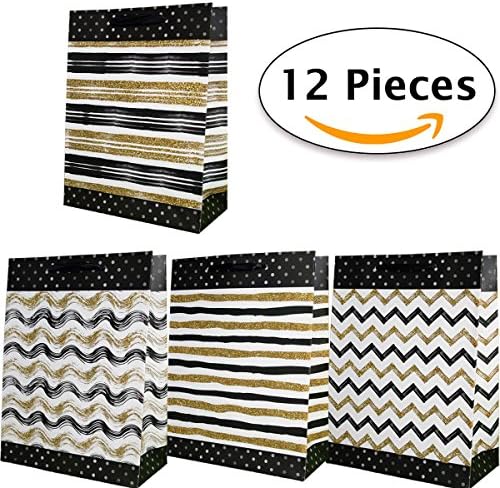 Holiday Gift Bags Medium Size - 12 Pack - White Black and Gold Glitter Presents Bags in 4 Designs - Perfect for Wedding, Birthday, Christmas, Gift Wrap and Party Favours by Jonami