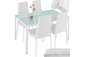 tectake Essgruppe Set Tisch und Stühle, Esstisch und 4X Stuhl, strapazierfähiges Kunstleder, Tischplatte aus Sicherheitsglas, Küchenstühle modern, Küche - weiß