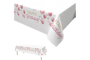 Dagelar Pink White Birthday Tablecloth,Happy Birthday Party Table Covers Rose Gold Waterproof Plastic Tablecloth Pink Birthday Party Decorations for Girls 137 * 274cm