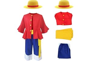 MARYPATY Luffy Costume Enfant Adulte One Piece Anime Monkey D. Luffy Cosplay Chapeau de Paille Tops Pantalons Ceinture Tenue Halloween Carnaval Anniversaire Cadeaux (140)