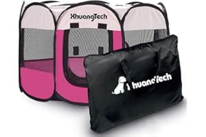 XhuangTech Soft Fabric Portable Foldable Pet Dog Cat Puppy Playpen, Indoor/Outdoor use Pet Kennel Cage Travel Pet Carrier + Carrying Case… (Magenta)