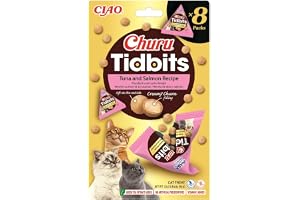 INABA Churu Tidbits kattsnacks, kycklingbitar med tonfisk och lax - 8 paket x 12 gr - mjukt krämigt mellanmål - kattmat utan konserveringsmedel eller konstgjorda färgämnen, Grain-Free