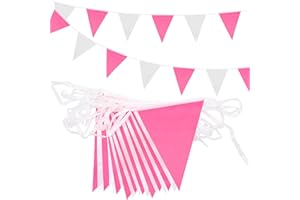 ADQUATOR 20m 52pcs Pink White Pennant Bunting,Double Sided Reusable Polyester Fabric Two-tone Triangle Flags Banner for Indoor Outdoor Birthday Party Decorations