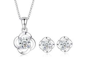 Kamise Parure Femme Argent Fin 925 avec Zirocon Cubique Blanc, Ensemble de Boucles d'oreilles & Collier & Bracelet en Forme de Trèfle, Chaîne Pendentif Hypoallergénique, Mariage Anniversaire Cadeau