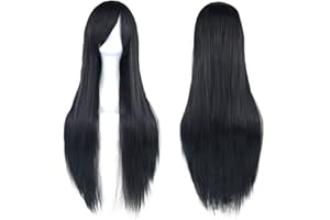 Fouriding 31 Inch Black Women's Long Straight Cosplay Party Wigs Hairpieces Hair Cap Lolita Style Anime Wig