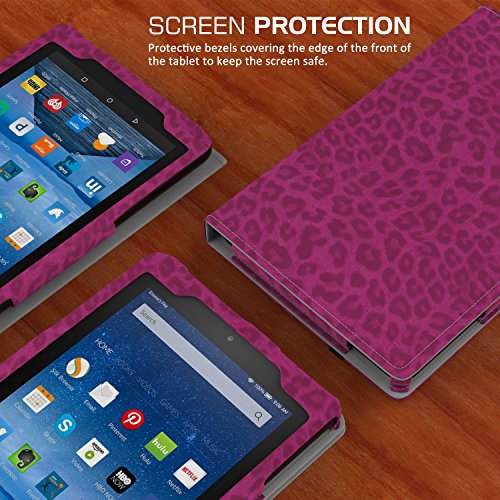 MoKo Fire 2015 7 Zoll Hülle – Kunstleder Ständer Schutzhülle Smart Cover mit Stift-Schleife und Stanfunktion für Amazon Fire Tablet (Vorherige 5th Generationeration – 2015 Modell) Tablet, Leopard Rot - 5