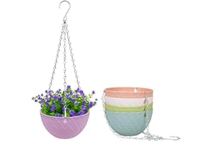 KAHEIGN 5 Piezas Plastico Cesta Colgante, Cesta Colgante para Plantas Macetas Contenedor De Soporte De Planta con Ganchos De Cadena para Plantas Flores Hierbas Violetas (5 Colores, Tejido Patrón)