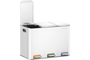 SONGMICS HOME Kosz na śmieci kuchenny, 3 x 15 l, kosz na śmieci z pedałami kodowanymi kolorami, system segregacji śmieci, z pokrywkami i pojemnikami wewnętrznymi, stal, chmurna biel LTB740W02V1