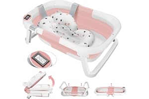 GOWKEEY Baignoire Bebe Pliable avec Thermometre Digital, Baignoire Bebe avec Coussin Baignoire Bebe avec Prise Pommeau de Douche, Convient Aux Bébés de 0 à 36 Mois, Ergonomique et Peu Encombrante (Rose)