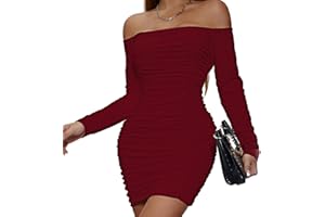 Belriviere Womens Sexy Mini Dress Bodycon Ruched Off The Shoulder Long Sleeve Short Dresses for Party Night Out Clubwear