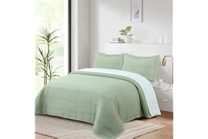 Fit Even Quilt Embroidery Bedspread 3 Piece Set – Coverless Quilted Bedspread, Comforter Throw, Summer and All-Season Lightweight Bedding Sets, with 2 Pillow Sham - (Lime Grids, Super King)