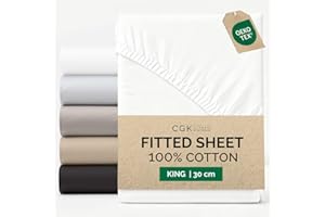 CGK UNLIMITED King Fitted Sheet 150x200 cm - 100% Cotton Sateen 400 Thread Count - Deep Fitted Sheet for Mattresses up to 30 cm (12")- Soft, Breathable & Wrinkle Free - Hotel Quality - OEKO-TEX - White