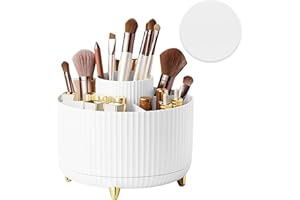 Hebaogugu 360°Makeup Brushes Organizer with Anti-slip Mat, Plastic Rotating Skin Care Organizer, 5 Slots Lazy Susan Cosmetic Storage Tray, Round Display Case for Essential Oil, Lotion