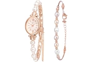 Clastyle Pearls Watch and Bracelet Set for Women - Elegant Rose Gold Ladies Watches Jewellry Set Gift