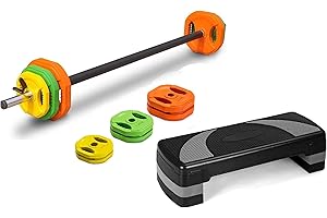 UK Fitness Studio Pump 20kg Barbell Weight Set + Aerobic Step Full Body Training Gym Equipment for Home Adjustable Barbell & Weights Set