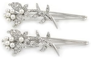 AVALAYA 2 Bridal/Prom Clear Crystal, White Glass Pearl Butterfly Hair Grips/Slides In Rhodium Plating - 70mm L