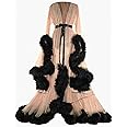 BYIYGSL Lingerie Robe Nightgown Women's Sexy Feather Bridal Robe Long Wedding Scarf Illusion Bathrobe Party Lace Sleepwear for Ladies (Color : Skin color)