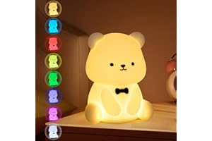 BUOAZR Ours Veilleuse Enfant, Lampe en Silicone avec Lumière Chaude Dimmable Progressive & Lumière de 7 Couleurs, 1200 mAh Rechargeable Veilleuse BéBé, Fonction Minuterie, Lampe de Chevet Pour Enfant