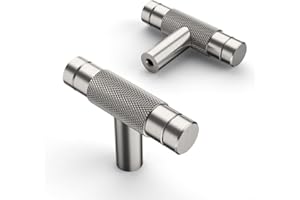 Amerdeco 10 Piezas Pomos y Tiradores en Forma de T, Níquel Cepillado, para Cocina y Armarios, Tirador de Puerta en Aleación de Aluminio, Agujero Único UK0026