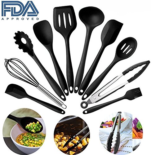 Cookey 10 Stück Silikon Geschirr Küche Kochutensilien mit Silikon und Hygiene Beschichtung, hitzebeständige Küchengeräte Perfekt für alle Arten von Kochen Mit GrillZange, Schneebesen, Bürste, Spatel, Schaumlöffel, Löffel Nudeln, Reis Paddel, Kelle, Suppenlöffel Hitzebeständige Koch und Backzubehör (Schwarz)