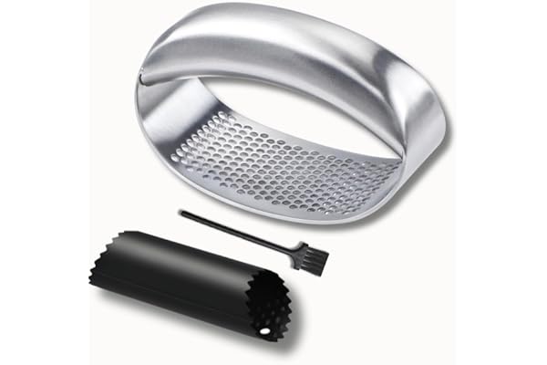 CLOVE Presse Ail Inox 18/10 à Bascule Solide, Hachoir Manuel en Acier Inoxydable, Pressoir Presse Purée avec Eplucheur Silicone, Coupe Ecrase-Ail Circulaire Innovant Roulette