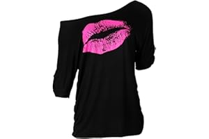Smile Fish Damen Casual Sternchen Lippen drucken One-Shoulder T-Shirt Oversize 80er Pullover Tops