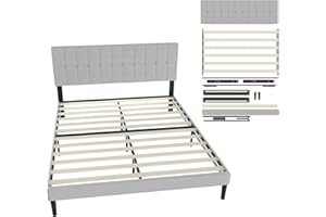 UISEBRT Łóżko tapicerowane 160 x 200 cm – rama łóżka z guzikami, stelaż z platformy z wyściełanym zagłówkiem z lnu, drewniana podpórka, łóżko podwójne dla dorosłych, nowoczesne wzornictwo (jasnoszare)