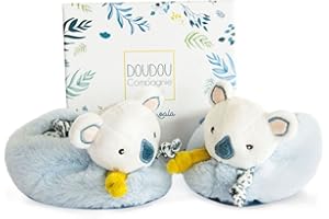 DOUDOU ET COMPAGNIE - Chaussons Bébé Naissance Avec Hochet - Yoca le Koala - 0-6 mois - Blanc et Bleu - Idée Cadeau de Naissance pour Filles et Garçons - Pour Offrir Avec Boite Cadeau - DC3675