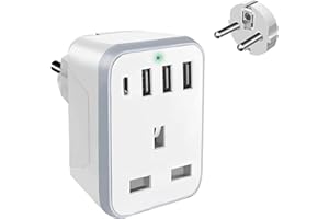 YORFULL UK to European Plug Adapter with 3 USB Ports and 1 USB C, European Travel Adapter Plug Extender,Grounded European Plug Adapter