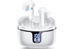 RENIMER Auriculares Inalambricos Bluetooth, Auriculares Bluetooth 5.3 con HiFi Sonido Estéreo, 40 Horas Cascos Inalámbricos con 4 HD Reducción de Ruido ENC Mics, IP7 Impermeable LED Pantalla, Tipo-C, Blanco