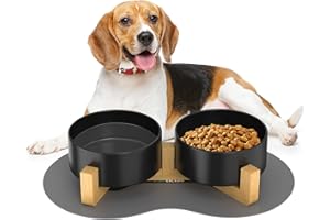 FANTICTAS Doppel 850ml Hundenapf Keramik Futternapf Fressnapf Hund Erhöht Futterschüssel mit Bambus Ständer und rutschfestem Matte für mittelgroße und große Hunde Futter- und Wassernapf (Schwarz)