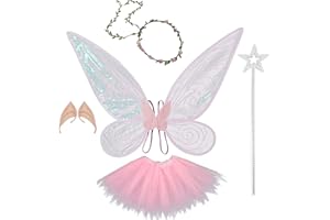 Alas de Hadas para Niñas y Adultos ZHSIHAI 5PCS Alas de Mariposa Alas de Elfo Fairy Wings Alas de Angel con Orejas de Elfo Corona Flores Disfraz para Halloween Carnaval Cosplay Fiestas Disfrace (Rosa)