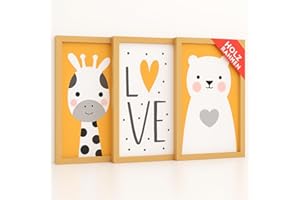 LENI LOTTE KINDERBILDER MIT HOLZRAHMEN | AUFHÄNGFERTIG | Bilder Kinderzimmer Deko Junge Babyzimmer Deko Mädchen Jungen Baby Zimmer Dekoration Kleinkinderzimmer Poster 3er Set Wandbilder A4 30x21 - KB03