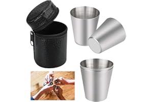 PERFETSELL 4 Stück Edelstahlbecher 30ml Klein Edelstahl Becher Schnaps Schnapsbecher Stapelbare Trinkbecher Flachmann Becher Camping Schnapsgläser Tragbar Metallbecher mit Lederetui für Outdoor Urlaub