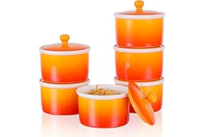240ml Pirottini per Soufflé con Coperchio, Candiicap Set di 6 Pirottini da Soufflé in Porcellana per Cuocere al Forno, Budini, Creme Brulée, Salsa di Servizio (240ml, Arancio Tropicale）
