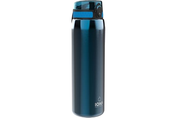 Ion8 Gourde Inox Léger 1 Litre, Non Isolé, Anti-Fuite, Facile à Ouvrir, Verrouillage Sécurisé, Lavable au Lave-Vaisselle, Poignée de Transport, Acier Inoxydable, 1200ml, Sirènes