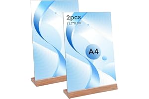 Thboxes 2 Stück Tischaufsteller A4, Transparent Preisschilder Aufsteller Acryl mit Holzfuß, Vertikaler L-Ständer Doppelseitig Tischständer für Menükarten Prospekte Werbung Restaurant Café Büro