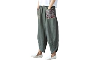 FTCayanz Femmes Pantalon Large Jambe Lin Rétro Sarouel Taille Élastique