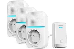 ‎TECKNET TECKNET Kabellose Türklingel Batterielose, Steckdosen-Funkklingel Wasserdicht Drahtloses Funk Türklingel mit 3 EU-Steckdose und 1 Sender, 400m, 60 Laute Melodien, 5 Lautstärke Stufen, LED-Blinken