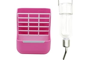 MUYIRTED Comedero Conejo Y Bebedero De 180ml, Dispensadora De Heno para Conejos para Jaulas, Automática Colgando Botella De Agua para Cobayas Conejos Enanos, Rosado