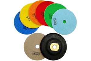 SHDIATOOL Diamante Lucidatura Pad 7 Pezzi Grana Mista e M14 Gomma Backer per Lucidare a Secco Marmo Granito Pietra Ceramica Dia 100mm/4 Pollici