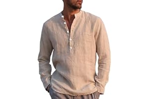 Runcati Męska koszula lniana z długim rękawem, bawełna, len, koszula rekreacyjna, regularny krój, na plażę, letnia koszula