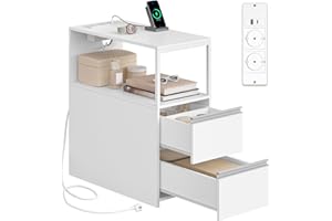 ‎HEXCELEN HEXCELEN Schmaler Beistelltisch, Nachttisch, Schmaler Nachttisch mit 2 Schubladen und Offenem Fach, Sofatisch, für Kleine Räume, Wohnzimmer, Schlafzimmer, Modern, 60 x 30 x 65 cm, Weiß