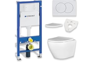 BAD LAND BADLAND Kit WC Geberit Duofix Basic UP 100 avec panneau de protection et WC mural Desna Blanc + plaque d'actionnement Delta01 Blanc + abattant WC Slim Soft Close + tapis d'insonorisation