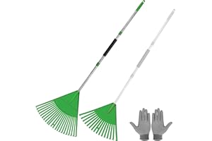 YUETOGUO Garden Leaf Rake, Include 2PCS 22+16Tines Plastic Head & Garden Gloves, Lightweight Stainless Steel Handle,Garden Rake for Leaves to Collect Loose Debris ,Pines Needle, Shrub, Lawns, Flower Beds
