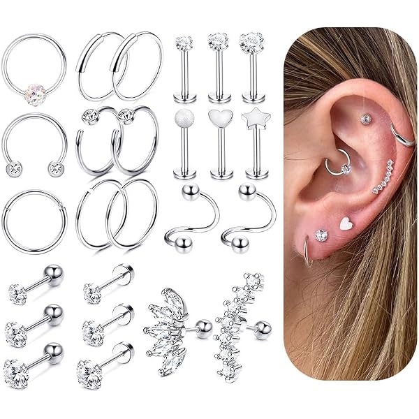 Kit Piercing Tragus Hélix 16G - 6 Studs Labret Acier Chirurgical & Perles Bioflex - Pour Cartilage Oreille