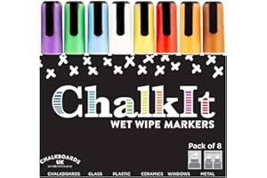 CHALKBOARDS UK Wet Wipe Liquid Chalk Pens, Chalkboard markers, Blackboard pens (Assorted Colours Pack of 8, 6mm)