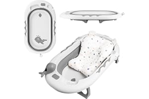 Kidsbuddy Faltbare Baby Badewanne,Babywanne mit Rutschfestem Badekissen,Weiche Duschkissen,Abflussloch,Baby-Duschspielzeug,Platzsparend,Baby Bathtub,Tragbare Baby Wanne für Babys von 0-36 Monaten,Grau