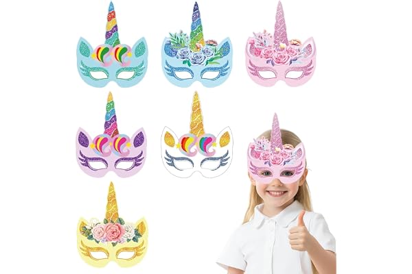 KOQAIIZ 6 st enhörning kreativa festmasker, enhörningsmasker pysselset, enhörningsmask set, enhörning temamask, för heminredning, cosplay, handgjord graffiti